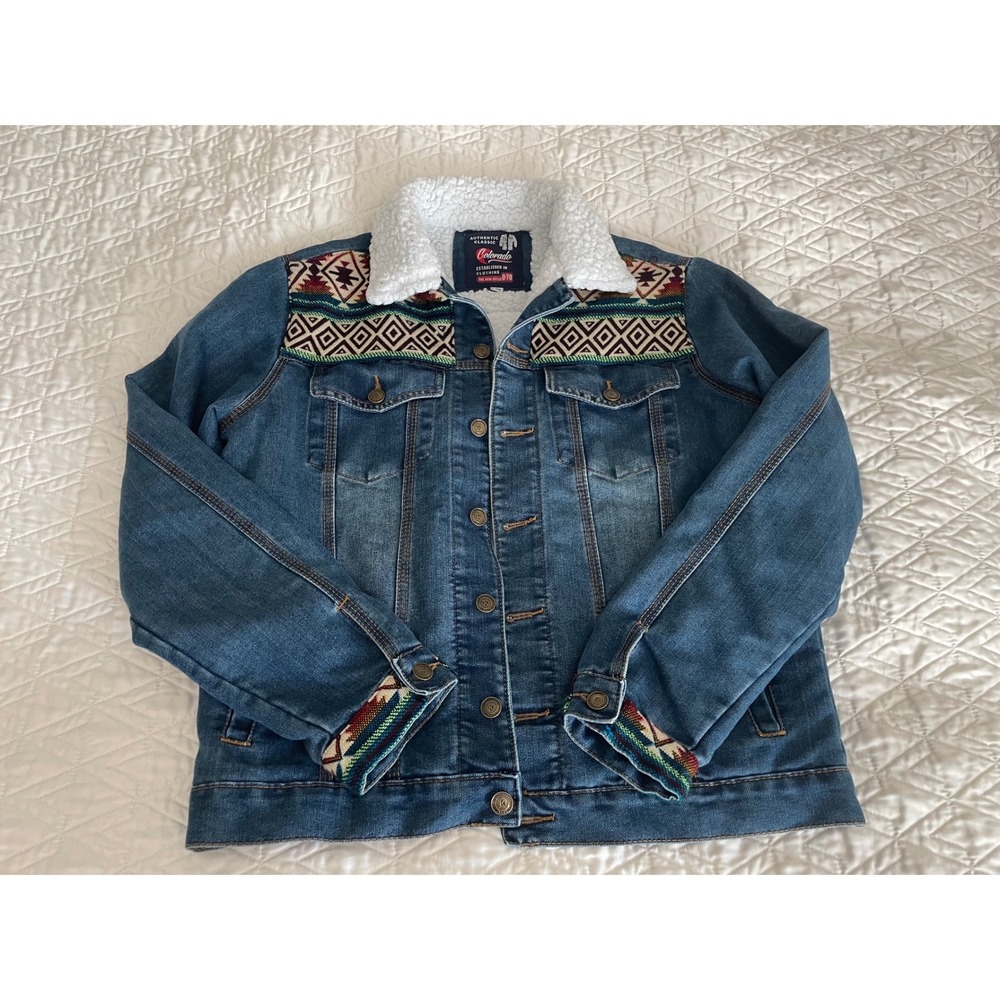 Vintage Authentic Artisanal Ecuadorean Denim Jacket Sherpa Lined -Size 38 (S/M)